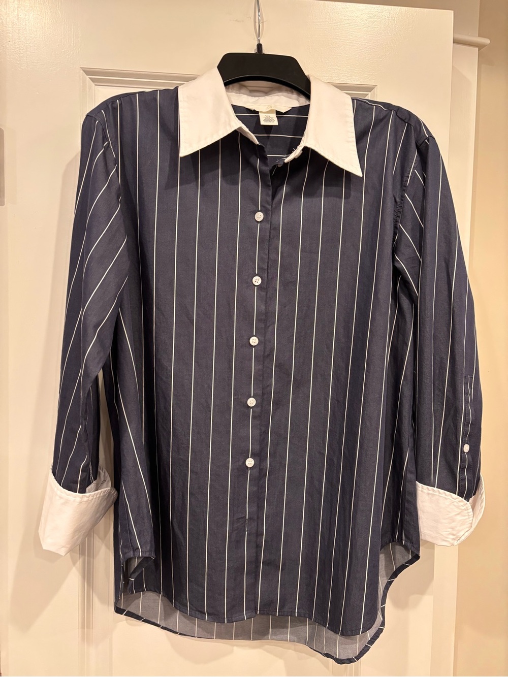 Navy Pinstripe Button-Down Shirt with White Collar